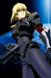 Rule 34 | 1girl, armor, black gloves, blonde hair, blue eyes, blue gender, breastplate, breasts, clenched hand, earth (planet), gloves, gun, highres, holding, holding gun, holding weapon, ishii takamori, looking up, marlene angel, medium breasts, medium hair, planet, solo, space, v-shaped eyebrows, weapon