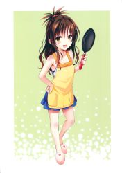 Rule 34 | 10s, 1girl, :d, absurdres, apron, bare shoulders, blush, border, brown hair, frying pan, hand on own hip, heart, highres, holding, long hair, looking at viewer, open mouth, outside border, scan, sleeveless, slippers, smile, solo, standing, to love-ru, to love-ru darkness, white border, yabuki kentarou, yellow eyes, yuuki mikan