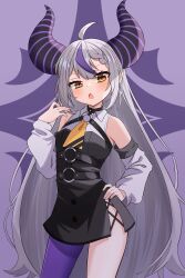 1girl absurdres bakedmonogamy black_dress black_thighhighs commentary demon_girl demon_horns detached_sleeves dress english_commentary hand_on_own_hip highres hololive horns la+_darknesss la+_darknesss_(1st_costume) long_hair looking_at_viewer multicolored_hair pointy_ears purple_hair single_thighhigh solo streaked_hair striped_horns tail thighhighs virtual_youtuber white_hair white_sleeves yellow_eyes