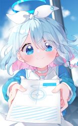 Rule 34 | 1girl, arona (blue archive), blue archive, blue eyes, blue halo, blue serafuku, blue sky, blush, braid, closed mouth, cloud, commentary, day, eyes visible through hair, hair over one eye, hairband, halo, holding, holding paper, hyemong, long sleeves, looking at viewer, multicolored hair, outdoors, paper, pink hair, school uniform, serafuku, single braid, sky, smile, solo, symbol-only commentary, two-tone hair, white hairband