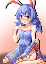 Rule 34 | animal ears, bare shoulders, bloomers, blue dress, blush, breasts, collarbone, crescent, crescent moon print, dress, earclip, embarrassed, floppy ears, gradient background, highres, kine, mallet, medium breasts, oshiaki, rabbit ears, rabbit tail, red eyes, seiran (touhou), seiza, sitting, solo, stain, star (symbol), star print, tail, touhou, underwear, wavy mouth