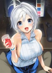 Rule 34 | .live, 1girl, :d, blue eyes, blush, breasts, computer, cup, dennou shoujo siro, drinking glass, happy, indoors, keyboard, large breasts, looking at viewer, mouse (animal), mousepad, mousepad (object), open mouth, short hair, sideboob, skirt, smile, table, virtual youtuber, white hair, yanyo (ogino atsuki)