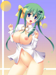 Rule 34 | 1girl, alternate hairstyle, bad id, bad pixiv id, blue eyes, blush, bow, breasts, dress shirt, female focus, frog, green hair, hair ornament, highres, kochiya sanae, large breasts, long hair, necktie, nipples, no panties, open clothes, open mouth, open shirt, pussy, ribbon, runa7, runa (nana7sc), shirt, snake, solo, touhou, twintails, uncensored