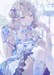 Rule 34 | 1girl, absurdres, bandages, bandaid, bandaid on arm, blue eyes, blue gemstone, blue theme, bow, breasts, closed mouth, commentary, detached collar, double bun, dress, ear piercing, earrings, english commentary, english text, gem, gloves, grey hair, hair bow, hair bun, hair ornament, hairclip, hands up, highres, holding, holding jar, intravenous drip, jar, jewelry, kneehighs, looking at viewer, medium hair, original, piercing, powa (36iii), puffy short sleeves, puffy sleeves, purple bow, purple gloves, purple theme, see-through, see-through sleeves, short sleeves, single glove, single wing, small breasts, socks, solo, white background, white bow, white dress, white wings, wings, x hair ornament
