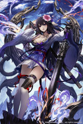Rule 34 | 1girl, age of ishtaria, black hair, black panties, blue eyes, breasts, cleavage, cloud, cloudy sky, collarbone, copyright notice, dress, fire, flower, full body, hair between eyes, hair flower, hair ornament, hand on hilt, hand up, holding, holding sword, holding weapon, huge weapon, japanese clothes, katana, kimono, knee pads, leg ribbon, legs together, lips, long hair, long sleeves, looking at viewer, medium breasts, mountain, obi, off shoulder, panties, pantyshot, parted lips, pink lips, planted, planted sword, planted weapon, red ribbon, ribbon, rope, sash, scabbard, sheath, sheathed, short dress, short kimono, sky, solo, standing, sword, tassel, thigh gap, thigh strap, thighhighs, underwear, very long hair, wanke, weapon, white thighhighs, wide sleeves