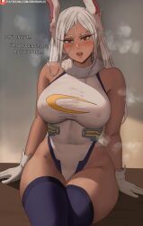 Rule 34 | 1girl, animal ears, bare shoulders, blue thighhighs, blurry, blurry background, boku no hero academia, breasts, covered erect nipples, covered navel, crossed legs, dark-skinned female, dark skin, english text, fur collar, gloves, hair between eyes, highleg, highleg leotard, highres, indoors, large breasts, leotard, long hair, looking at viewer, mirko, open mouth, oroborus, paid reward available, patreon logo, patreon username, rabbit ears, rabbit girl, red eyes, sitting, solo, steaming body, teeth, thick thighs, thighhighs, thighs, toned, upper teeth only, watermark, web address, white gloves, white hair, white leotard, wide hips