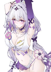 1girl arms_up bikini blush breasts castorice_(honkai:_star_rail) cleavage commentary_request cowboy_shot flower flower_ornament hair_flower hair_ornament highres honkai:_star_rail honkai_(series) large_breasts looking_at_viewer mixed-language_commentary navel purple_eyes purple_hands solo stomach swimsuit tiara white_background white_bikini xfate