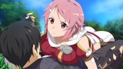 Rule 34 | 1boy, 1girl, bad id, bad yandere id, black gloves, black hair, black pants, blue sky, blurry, blurry background, breast press, breasts, clothing cutout, collarbone, day, fingerless gloves, freckles, girl on top, gloves, hair ornament, hairclip, highres, kirito, lisbeth (sao), looking at another, lying, medium breasts, on back, outdoors, pants, pink hair, red eyes, short hair, shoulder cutout, sky, sword art online, sword art online: hollow realization, white pants