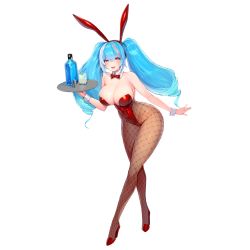 Rule 34 | 1girl, animal ears, aurora (last origin), blue hair, blush, bow, bowtie, breasts, cleavage, covered navel, crossed legs, curvy, detached collar, drill hair, fake animal ears, fishnet pantyhose, fishnets, full body, game cg, high heels, highleg, highleg leotard, highres, large breasts, last origin, legs, leotard, light blue hair, long legs, multicolored hair, navel, official art, open mouth, pantyhose, pink eyes, pink hair, playboy bunny, rabbit ears, red bow, red bowtie, red footwear, red leotard, skindentation, snowball22, solo, strapless, strapless leotard, streaked hair, tachi-e, transparent background, tray, twin drills, watson cross, wide hips, wrist cuffs