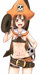 Rule 34 | 1girl, adapted costume, anchor, belt, belt buckle, bike shorts, body writing, breasts, brown eyes, brown hair, buckle, child, cutoffs, detached collar, guilty gear, hand on own hip, hat, long hair, may (guilty gear), navel, open mouth, orange hat, over shoulder, pirate, pirate hat, poncocchan, sailor collar, shorts under shorts, smile, solo, underboob, weapon, weapon over shoulder