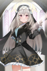Rule 34 | 1girl, black dress, blue archive, church, closed mouth, commentary, cowboy shot, dress, frilled dress, frills, grey hair, habit, hair between eyes, highres, light rays, light smile, long hair, long sleeves, looking at viewer, nohohon neko, pink eyes, sakurako (blue archive), solo, stained glass, standing, sunbeam, sunlight