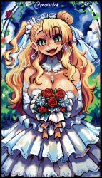 Rule 34 | 1girl, :d, aqua eyes, arms under breasts, asymmetrical hair, black border, blonde hair, border, bouquet, breasts, cleavage, crescent, crescent earrings, detached collar, dress, earrings, elbow gloves, flower, frilled dress, frills, galko, gloves, hair bun, hair flower, hair ornament, highres, holding, holding bouquet, jewelry, large breasts, long hair, looking at viewer, mogy64, necklace, open mouth, oshiete! galko-chan, red flower, red rose, rose, single hair bun, smile, solo, strapless, strapless dress, sun earrings, teeth, twitter username, upper teeth only, wedding dress, white dress, white flower, white gloves