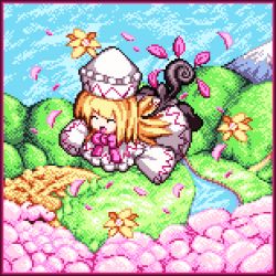 Rule 34 | 1girl, ^ ^, blonde hair, cherry blossoms, closed eyes, closed eyes, female focus, flower, flying, hat, kisasage kouta, lily white, lowres, pixel art, solo, touhou