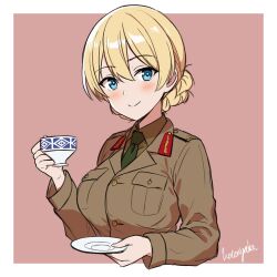Rule 34 | 1girl, alternate costume, blonde hair, blue eyes, blush, border, braid, breast pocket, breasts, brown jacket, brown shirt, clothing request, collared shirt, cropped torso, cup, darjeeling (girls und panzer), french braid, girls und panzer, green necktie, hair between eyes, jacket, kotorigaka, large breasts, looking at viewer, military uniform, mixed-language commentary, necktie, outside border, pink background, pocket, saucer, shirt, short hair, signature, smile, solo, teacup, uniform, upper body, white border
