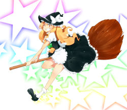 Rule 34 | 1girl, blonde hair, bow, broom, broom riding, dress, female focus, full body, grin, hair bow, hat, kirisame marisa, long hair, mary janes, shoes, smile, solo, star (symbol), touhou, witch, witch hat, yellow eyes, zukaketawagase