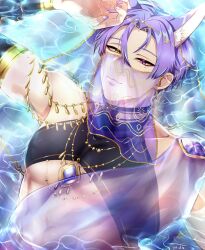 Rule 34 | 1boy, animal ear fluff, animal ears, chain, crop top, detached sleeves, fox boy, fox ears, gold, gold chain, gold necklace, gold trim, harem outfit, heterochromia, highres, jewelry, kuya (nu carnival), looking at viewer, lying, lying on water, male focus, mole, mole under eye, mouth veil, nail polish, necklace, nu carnival, pectorals, purple eyes, purple hair, see-through, short hair, silk, slit pupils, smile, smug, veil, water, yadome810, yellow eyes