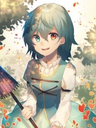 Rule 34 | 1girl, :d, blue eyes, blue hair, blush, bodice, commentary, dappled sunlight, happy, heterochromia, juliet sleeves, long sleeves, looking at viewer, open mouth, peach camellia, petals, puffy sleeves, red eyes, skirt, smile, solo, sunlight, tatara kogasa, touhou, umbrella