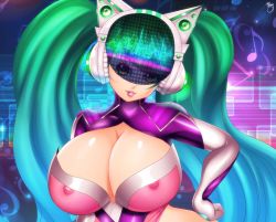 Rule 34 | 1girl, alternate costume, breasts, green hair, hand on own hip, headphones, huge breasts, jassycoco, league of legends, lips, lipstick, long hair, looking at viewer, makeup, nipples, see-through, sona (league of legends), twintails