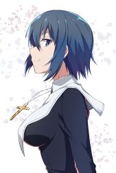 Rule 34 | 1girl, azami masurao, black dress, blue eyes, blue hair, breasts, ciel (tsukihime), closed mouth, commentary request, cross, cross necklace, dress, habit, highres, jewelry, large breasts, latin cross, long sleeves, looking at viewer, necklace, nun, profile, short hair, smile, solo, tsukihime, tsukihime (remake), upper body