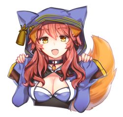 Rule 34 | 10s, 1girl, :d, animal ears, bell, breasts, cleavage, collar, fang, fate/extra, fate/grand order, fate (series), fox ears, fox tail, hood, hoodie, large breasts, neck bell, official alternate costume, open mouth, pink hair, smile, solo, tail, tamamo no mae (fate/extra), tamamo no mae (the faithful dog who waits) (fate), yellow eyes, yurizuka (sergeant heart)