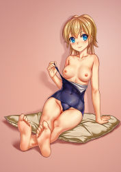 Rule 34 | 1girl, absurdres, barefoot, blonde hair, blue eyes, breasts, breasts out, clothing aside, feet, highres, long hair, looking at viewer, pov, pussy, regalia the three sacred stars, smile, soles, swimsuit, swimsuit aside, toes, yuinshiel asteria