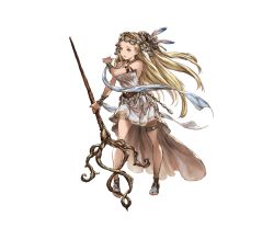 Rule 34 | 10s, 1girl, arm guards, armlet, bare shoulders, blonde hair, breasts, collar, dress, feathers, full body, granblue fantasy, headdress, holding, jewelry, large breasts, long hair, minaba hideo, official art, petra (granblue fantasy), ring, sandals, solo, staff, transparent background, white dress, yellow eyes