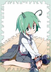 Rule 34 | androgynous, antennae, bad id, bad pixiv id, barefoot, cape, chain, crying, d@i, gender request, green eyes, green hair, kneeling, shirt, shorts, touhou, wriggle nightbug