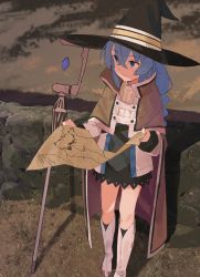 Rule 34 | 1girl, black hat, blue eyes, blue hair, boots, braid, brown cape, cape, crossed bangs, eyes visible through hair, full body, hair between eyes, hat, highres, holding, holding map, knee boots, leaning back, long hair, long sleeves, map, mushoku tensei, outdoors, pikumin, roxy migurdia, sideways glance, solo, staff, twin braids, white footwear, witch hat