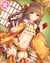 Rule 34 | 1girl, bare shoulders, belt, blush, book, brown eyes, brown hair, card (medium), closed mouth, contrapposto, cowboy shot, detached collar, detached sleeves, floral print, flower, garter straps, hair flower, hair ornament, hair ribbon, heart, holding, indoors, legs apart, long hair, long sleeves, looking at viewer, natsume asato, navel, official art, outstretched arm, red ribbon, ribbon, scroll, sengoku bushouki muramasa, short shorts, shorts, smile, solo, standing, stomach, tassel, v, very long hair, wide sleeves