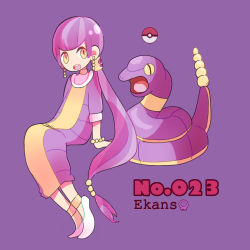 Rule 34 | 1girl, anklet, bad id, bad pixiv id, blunt bangs, bracelet, character name, creatures (company), earrings, ekans, full body, game freak, gen 1 pokemon, invisible chair, jewelry, long hair, long sleeves, looking at viewer, moemon, narumame, nintendo, open mouth, personification, poke ball, poke ball (basic), pokedex number, pokemon, pokemon (creature), purple background, purple hair, shoes, simple background, sitting, very long hair, white footwear, yellow eyes