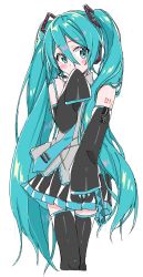 Rule 34 | 1girl, aqua eyes, aqua hair, aqua nails, aqua necktie, bare shoulders, black skirt, black sleeves, black thighhighs, blush stickers, commentary, cowboy shot, detached sleeves, grey shirt, hair ornament, hatsune miku, headphones, headset, highres, legs together, long hair, looking at viewer, miniskirt, nail polish, necktie, pleated skirt, shirt, shoulder tattoo, sketch, skirt, sleeveless, sleeveless shirt, sleeves past fingers, sleeves past wrists, solo, standing, supo01, tattoo, thighhighs, twintails, very long hair, vocaloid, white background, zettai ryouiki