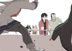 Rule 34 | 2boys, 4girls, ahoge, animal ears, black hair, bow, bowtie, character request, chibi, commentary request, crossover, goe (g-o-e), high heels, highres, horse racing, horse racing track, itou kaiji, jacket, kaiji, looking at another, medium hair, motion blur, multiple boys, multiple girls, ootsuki (kaiji), open clothes, open jacket, short hair, simple background, sweater, umamusume, white background, white hair