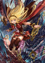 Rule 34 | 1girl, :d, bad id, bad pixiv id, black thighhighs, blonde hair, book, boots, bow, bracer, breasts, cagliostro (granblue fantasy), cape, dragon, fang xue jun, granblue fantasy, hairband, jumping, long hair, looking at viewer, open mouth, ouroboros (granblue fantasy), purple eyes, red skirt, skirt, small breasts, smile, solo, spikes, thighhighs, tiara