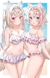 2girls :d animal_ear_fluff animal_ears ass bare_arms bare_shoulders beach bikini blue_eyes blue_hair blue_hairband blue_sky blush breasts cleavage closed_mouth cloud collarbone commentary_request day dog_ears dog_girl dog_tail fake_horns frilled_bikini frills fuwawa_abyssgard groin hair_between_eyes hairband highres hololive hololive_english horizon horns light_brown_hair lokyin_house long_hair medium_breasts milestone_celebration mococo_abyssgard multicolored_hair multiple_girls navel ocean open_mouth pink_hair pink_hairband red_eyes sand siblings sisters sky small_breasts smile streaked_hair swimsuit tail twins very_long_hair virtual_youtuber water white_bikini