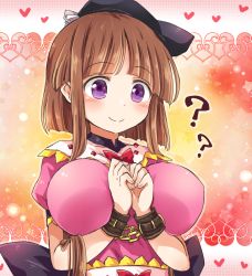 Rule 34 | 1girl, ?, blunt bangs, bow, breasts, breasts apart, brown hair, chain, commentary request, cuffs, hat, heart, large breasts, nishida satono, pote (ptkan), puffy short sleeves, puffy sleeves, purple eyes, red bow, short hair with long locks, short sleeves, sidelocks, smile, solo, touhou, upper body