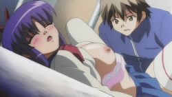 Rule 34 | 00s, animated, animated gif, blush, bra, breasts, clothed sex, closed eyes, fujino shion, fukaya mamoru, hatsu inu, large breasts, lingerie, missionary, moaning, nipples, open clothes, open shirt, purple hair, ribbon, screencap, sex, shirt, skirt, spread legs, thighhighs, underwear