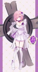 Rule 34 | 1girl, absurdres, alternate costume, bouquet, breasts, bride, cleavage, collarbone, commentary request, dress, fate/grand order, fate (series), flower, full body, hair flower, hair ornament, hair over one eye, harukappa, highres, holding, holding bouquet, looking at viewer, mash kyrielight, medium breasts, one eye covered, pink hair, purple eyes, purple flower, purple rose, rose, shield, short hair, solo, thighhighs, wedding dress, white dress, white footwear, white thighhighs