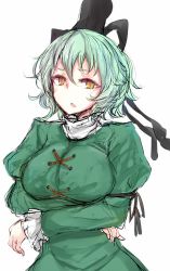 Rule 34 | 1girl, breast rest, breasts, chestnut mouth, crossed arms, dress, frilled sleeves, frills, ghost, green dress, green hair, hat, kitunemimi, large breasts, long sleeves, looking at viewer, nyakonro (nekonro), puffy long sleeves, puffy sleeves, short hair, sketch, soga no tojiko, solo focus, tate eboshi, touhou, traditional clothes, turtleneck, yellow eyes