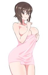 Rule 34 | 1girl, breasts, brown eyes, brown hair, cleavage, commentary, cowboy shot, finger to mouth, girls und panzer, grin, highres, holding, holding towel, junjonmoja, large breasts, looking at viewer, naked towel, nishizumi maho, pink towel, short hair, shushing, simple background, skindentation, smile, solo, standing, towel, white background