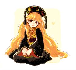 Rule 34 | 1girl, black dress, blush, chinese clothes, crescent, dress, hat, heart, imokichi, junko (touhou), light brown background, long hair, long sleeves, looking at viewer, orange hair, red eyes, sash, seiza, simple background, sitting, smile, solo, tabard, touhou, very long hair, wavy hair, white background, wide sleeves