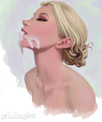 Rule 34 | 1girl, artist name, blonde hair, closed mouth, collarbone, cum, cum in mouth, cumdrip, elsa (frozen), eyebrows, eyelashes, eyeshadow, facial, female focus, frozen (disney), green eyes, grey background, half-closed eyes, highres, lips, lipstick, makeup, mascara, nose, nude, portrait, profile, short hair, simple background, solo, zillionaire