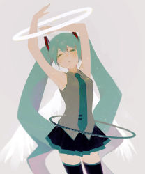 Rule 34 | 1girl, angel wings, armpits, arms up, bad id, bad pixiv id, bare arms, bare shoulders, black skirt, blue necktie, breasts, closed eyes, commentary, cowboy shot, expressionless, grey background, grey shirt, halo, hatsune miku, hoop, hula hoop, long hair, necktie, sanshichi (eytc4832), shirt, simple background, skirt, sleeveless, sleeveless shirt, small breasts, solo, standing, thighhighs, thighs, twintails, upper body, very long hair, vocaloid, wings