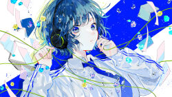 Rule 34 | 1girl, absurdres, blue background, blue eyes, blue gemstone, blue hair, blue necktie, blue theme, book, bubble, collared shirt, commentary request, flying paper, gem, hagimorijia, headphones, highres, jacket, light particles, long sleeves, looking at viewer, necktie, original, paper, parted lips, puffy sleeves, purple gemstone, shirt, short hair, solo, two-tone background, upper body, water drop, white background, white jacket, white shirt, yellow gemstone