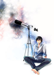 Rule 34 | 00s, 1boy, :d, ^ ^, barefoot, black hair, closed eyes, darker than black, gradient background, hei (darker than black), male focus, open mouth, shirt, sky, smile, solo, telescope, white background