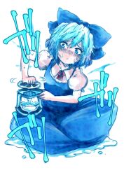 Rule 34 | 1girl, blue eyes, blue hair, blush, bow, cirno, crushed ice, dress, food, hair bow, harusame (unmei no ikasumi), ice, ice wings, matching hair/eyes, melting, shaved ice, short hair, sitting, solo, sweat, touhou, wings