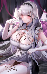 Rule 34 | 1girl, :d, absurdres, azur lane, blush, breasts, chocolate, cleavage, cross-shaped pupils, elbow gloves, gloves, grey hair, highres, huge breasts, kirisamede gzr, large breasts, long hair, looking at viewer, maid, maid headdress, open mouth, red eyes, scylla (azur lane), shirt, skirt, smile, solo, symbol-shaped pupils, valentine, white gloves