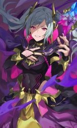 Rule 34 | 1girl, bodysuit, breasts, cleavage, dark persona, dragonstone, fire emblem, fire emblem awakening, fire emblem heroes, grima (fire emblem), grin, hair ornament, hand on own chest, highres, jewelry, kamu (kamuuei), large breasts, nintendo, red eyes, robin (female) (fire emblem), robin (fire emblem), see-through, see-through cleavage, smile, twintails, white hair