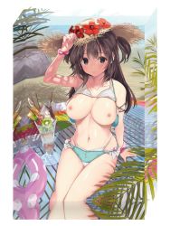 Rule 34 | 1girl, arm up, bikini, blue eyes, blush, breasts, brown hair, closed mouth, day, dessert, flower, food, frills, fruit, hat, hat flower, hibiscus, highres, innertube, kiwi (fruit), large breasts, long hair, looking at viewer, nipples, open bikini, open clothes, original, outdoors, red flower, sitting, solo, straw hat, strawberry, swim ring, swimsuit, two side up, whipped cream, yaegashi nan