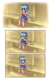 Rule 34 | ..., 1girl, blue hair, bow, cirno, comic, eating, food, hair bow, burger, messy, sankuma, short hair, silent comic, sitting, embodiment of scarlet devil, touhou, translated, wings