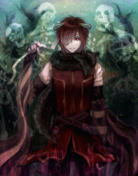 Rule 34 | 1boy, animal, animal around neck, belt, black belt, black pants, black sclera, black sleeves, colored sclera, commentary request, cowboy shot, demon horns, detached sleeves, fox, grin, hair over one eye, horns, looking at viewer, male focus, misuguu, pants, professor (ragnarok online), ragnarok online, red eyes, red hair, red shirt, shirt, short hair, skeleton, sleeveless, sleeveless shirt, smile, solo, striped sleeves, tree, yellow sleeves